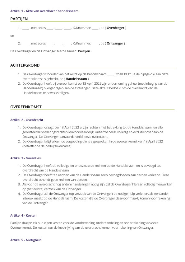 Akte Van Overdracht Handelsnaam