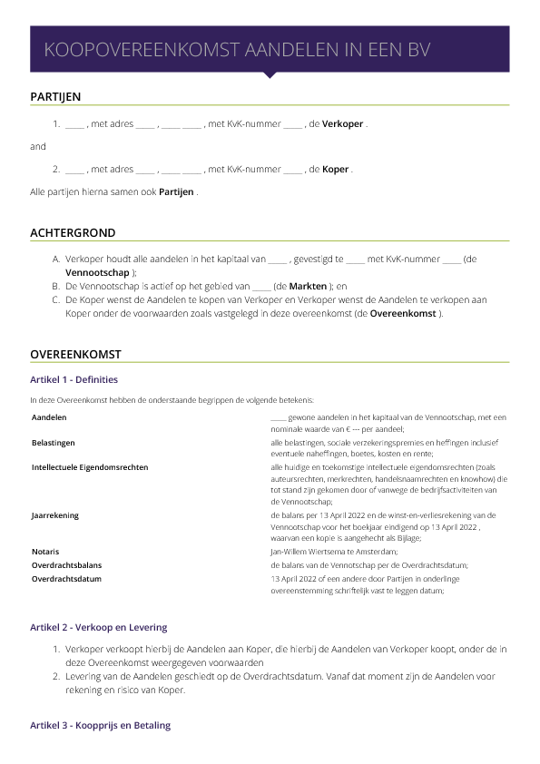 Koopovereenkomst Voor Aandelen In Een Bv