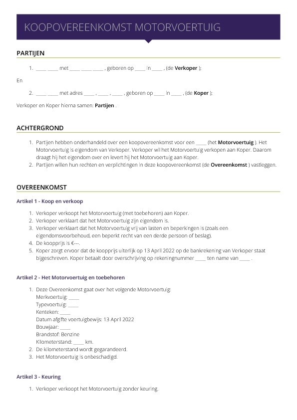 Koopovereenkomst auto of een motor